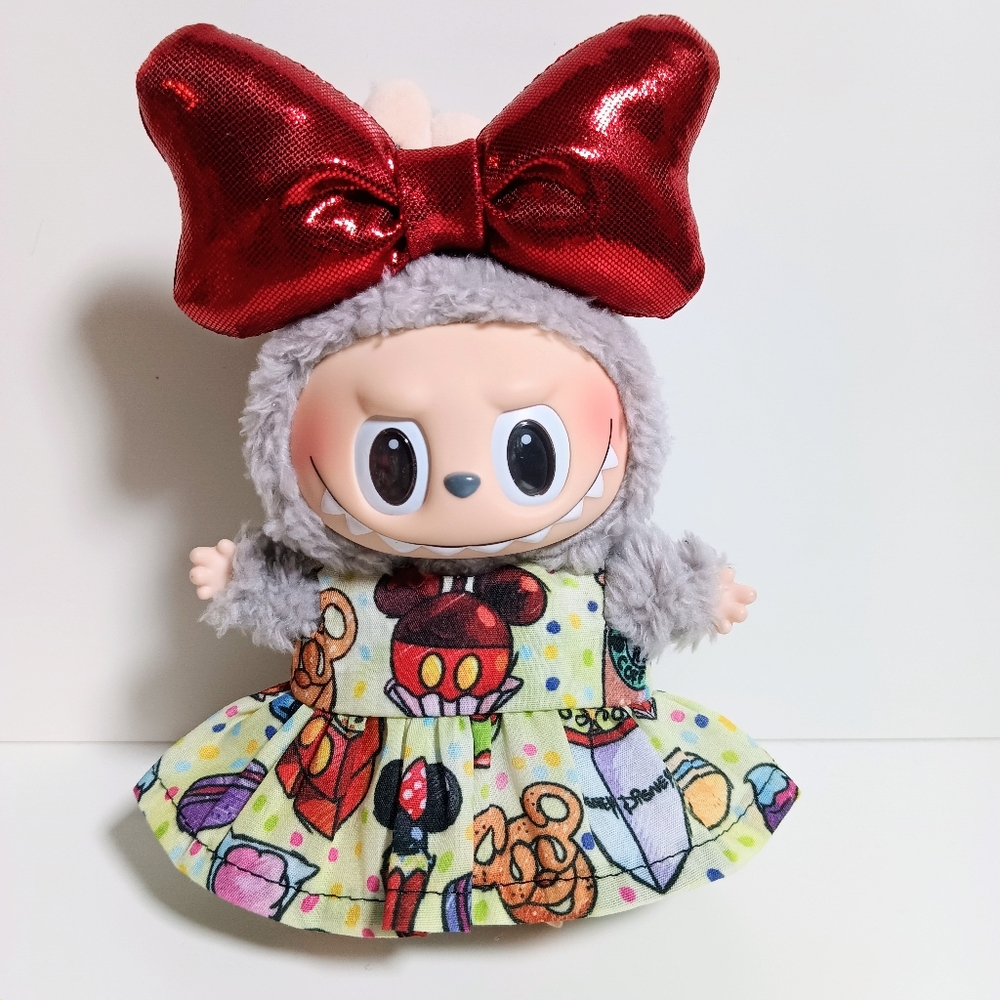 Custom Labubu Disney Food Mickey Pretzel Carmel Apple Dress and Metallic Bow